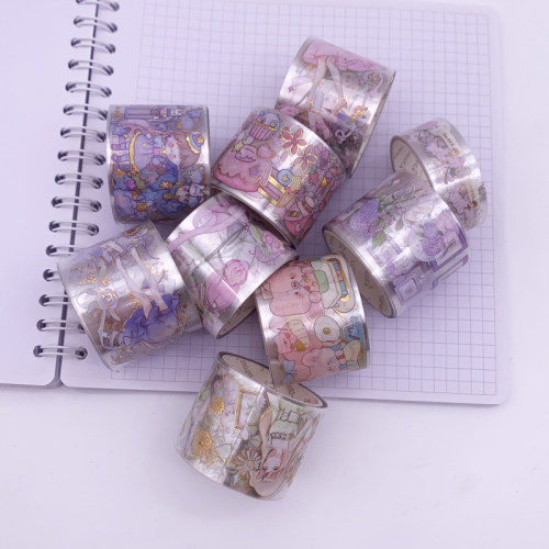 PET烫金手帐胶带女孩 基础 花 小猪小兔简约实用彩色整卷韩版diy