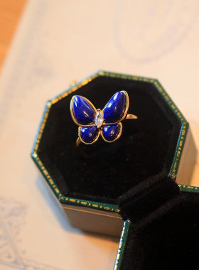 s925纯银镀金天然青金石蝴蝶戒指活口个性百搭设计款高级饰品女