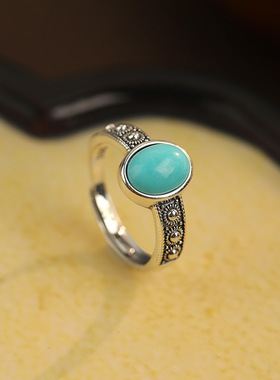 绿松石女式S925银嵌泰银开口方形戒指复古做旧戒面太阳花链指环