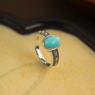 绿松石女式S925银嵌泰银开口方形戒指复古做旧戒面太阳花链指环