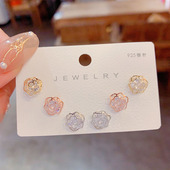 S925银针锆石玫瑰花组合三件套耳钉女精致小巧百搭耳环设计感耳饰