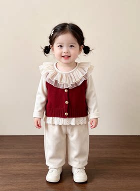 女童秋冬新款毛衣背心马甲婴幼儿童针织吊带上衣红色周岁新年宝宝