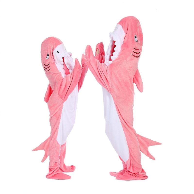 儿童鲨鱼连体睡衣秋冬中大童女孩小女童法兰绒睡袋卡通连帽家居服