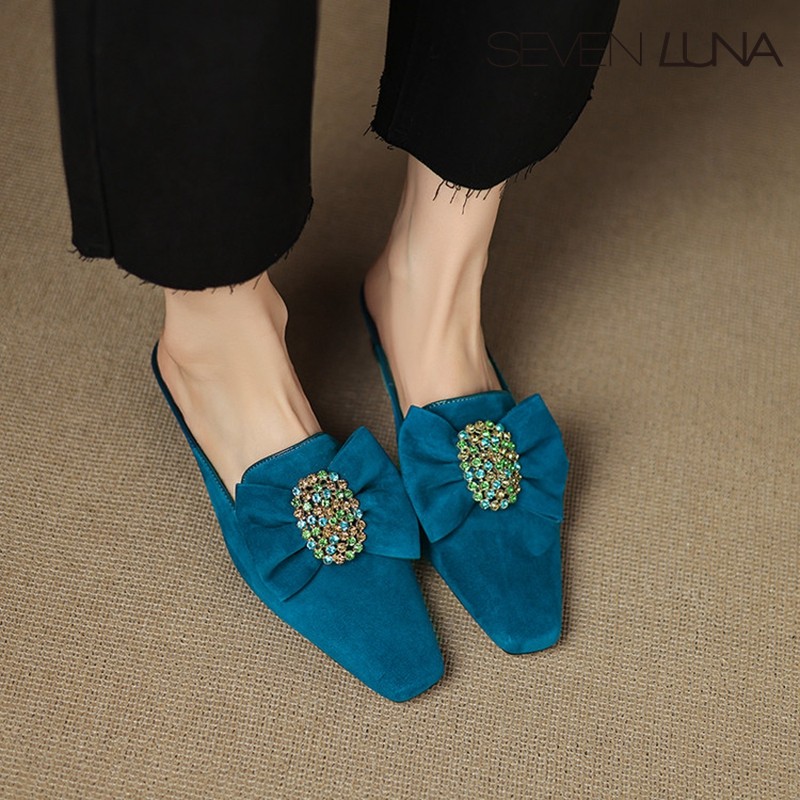 SEVEN LUNA~国内正品2025夏季法式蝴蝶结包头中跟半拖鞋女SLAS715