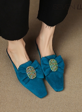 SEVEN LUNA~国内正品2025夏季法式蝴蝶结包头中跟半拖鞋女SLAS715