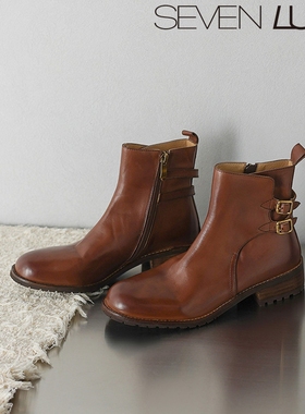 SEVEN LUNA~国内正品2025秋冬复古切尔西靴百搭粗跟短靴女SLWC444