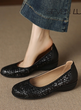 SEVEN LUNA~国内正品2025秋舒适妈妈鞋编织浅口低跟单鞋女SLDP092