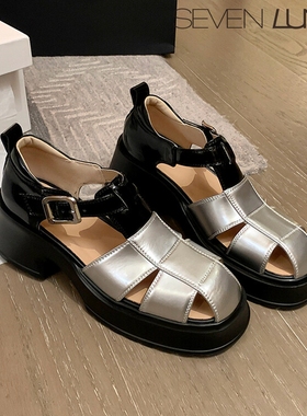 SEVEN LUNA~国内正品2023夏复古拼色猪笼鞋粗跟罗马凉鞋女SLBX091