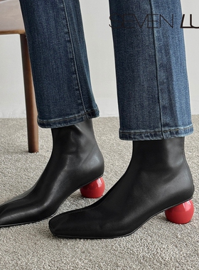 SEVEN LUNA~国内正品2025秋冬气质弹力靴瘦瘦靴红跟短靴女SLMK390