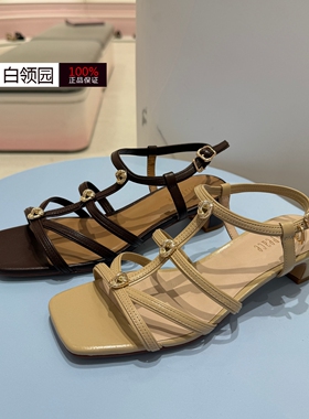 真美诗许愿石~专柜正品2026夏季羊皮如意扭结粗跟罗马凉鞋女YXQ21