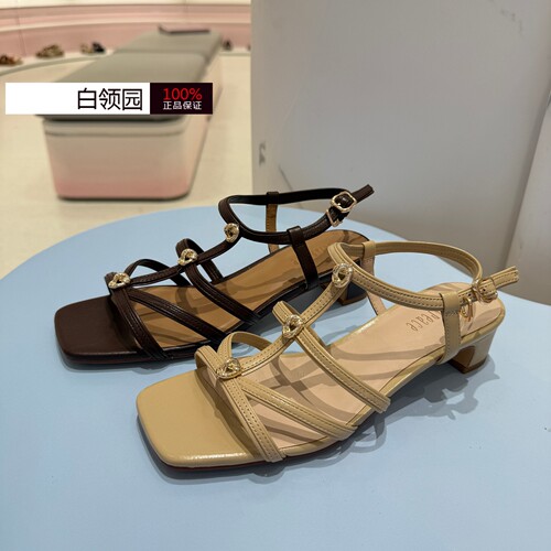 真美诗许愿石~专柜正品2026夏季羊皮如意扭结粗跟罗马凉鞋女YXQ21