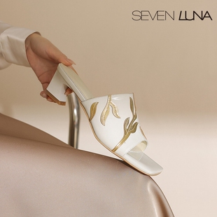 SEVEN LUNA~国内正品2025夏季新中式国风粗跟一字凉拖鞋女SLZF115