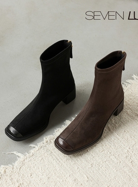 SEVEN LUNA~国内正品2025秋冬弹力靴瘦瘦靴通勤粗跟短靴女SLWC651