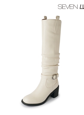 SEVEN LUNA国内正品2024秋冬英伦堆堆骑士靴粗跟高筒靴女SLMO229