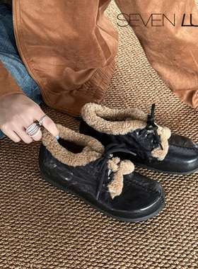 SEVEN LUNA~国内正品2025冬季加绒博肯鞋乐福鞋保暖棉鞋女SLWC678