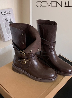 SEVEN LUNA~国内正品2025秋冬复古马丁靴骑士靴中筒靴女SLBL932