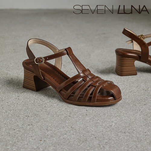 SEVEN LUNA~国内正品2026夏季复古编织包头粗跟罗马凉鞋女SLM343