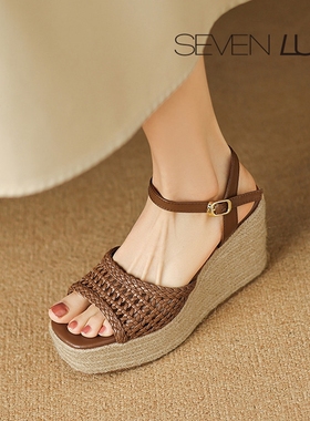SEVEN LUNA国内正品2025夏季度假风编织厚底增高坡跟凉鞋女SLDF95