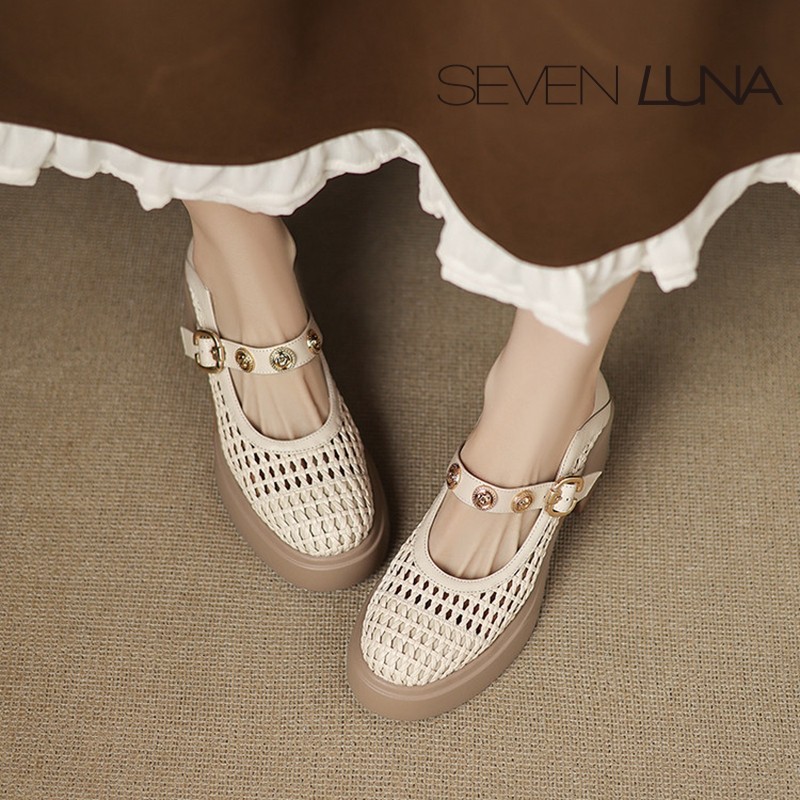 SEVEN LUNA~国内正品2025春夏舒适编织镂空透气粗跟单鞋女SLAS727