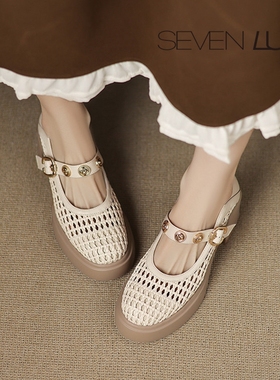 SEVEN LUNA~国内正品2025春夏舒适编织镂空透气粗跟单鞋女SLAS727