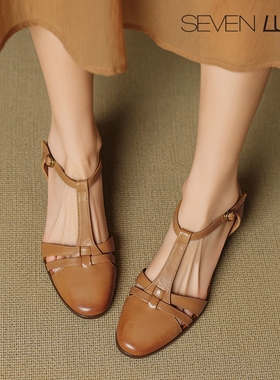 SEVEN LUNA~国内正品2025夏季复古编织镂空包头粗跟凉鞋女SLSS345