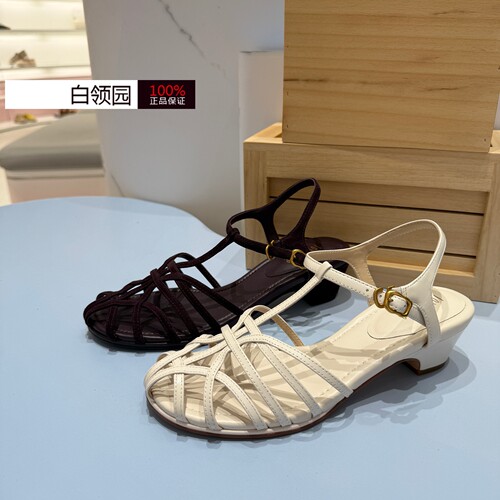 真美诗罗马天晴2专柜正品2026夏季复古镂空猪笼鞋粗跟凉鞋女YB110