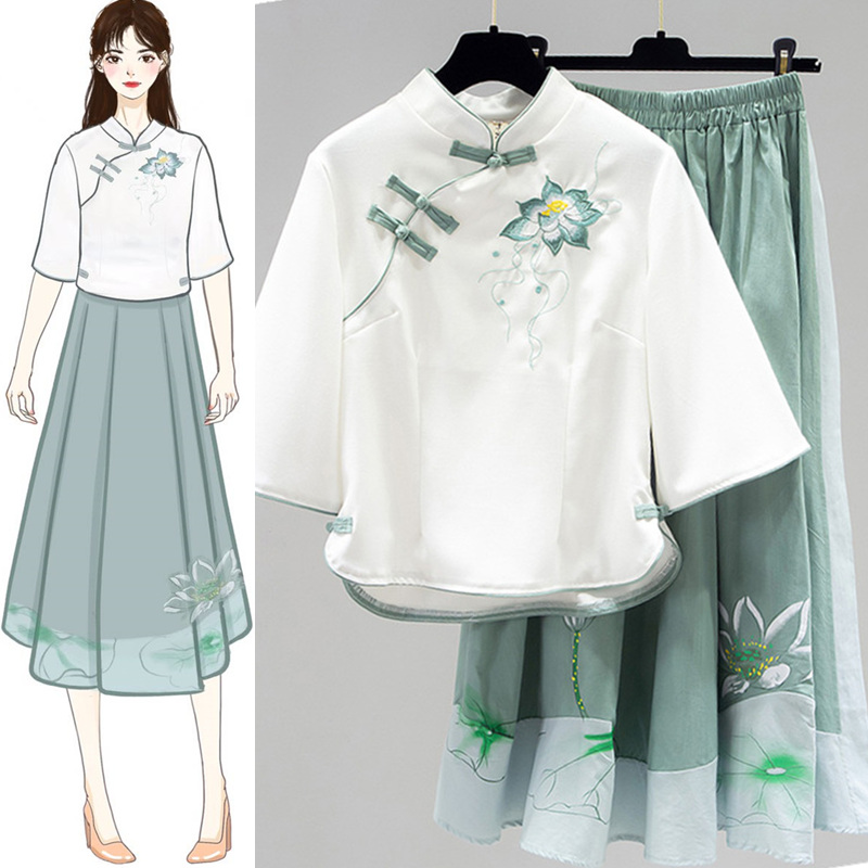 韩国2022年新款夏装汉服改良版旗袍连衣裙女装套装重工民国风复古