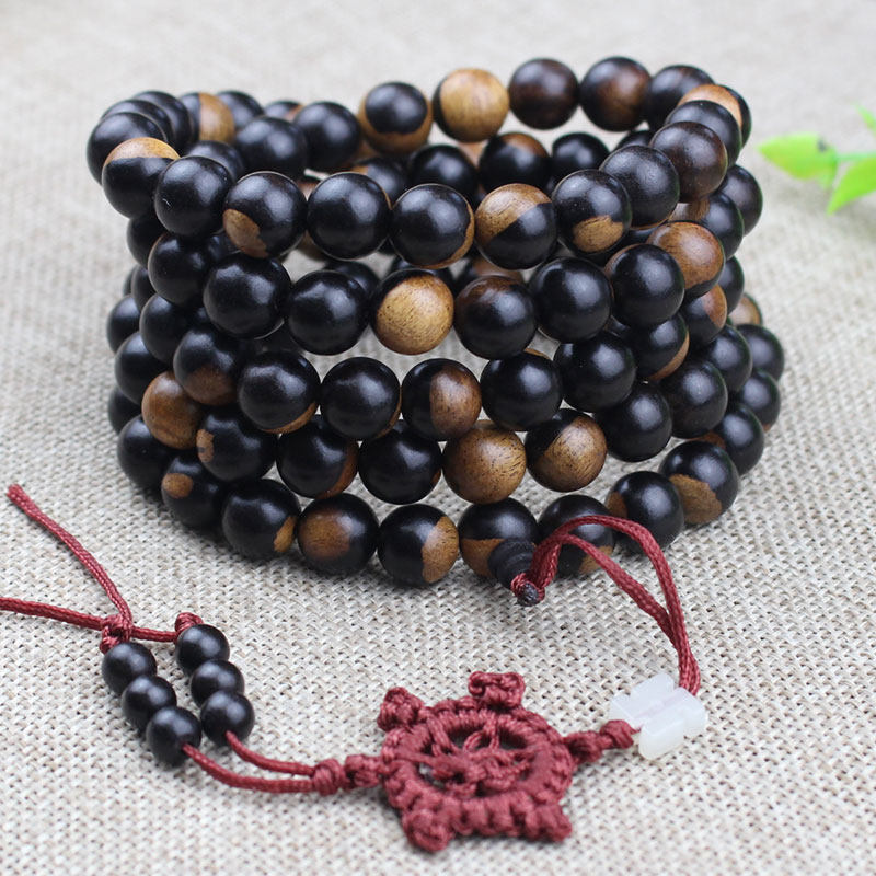 天然实木黑檀木手串阴阳木108颗佛珠念珠10mm脖挂木质男女挂饰品