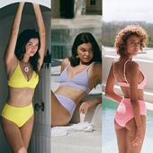 walkingChic海边比基尼高腰小胸聚拢三角杯高级感紫色泳衣女分体