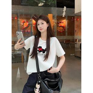 刺绣小狗百搭设计感上衣潮 白色正肩短袖 t恤女2025春夏季 新款 时尚