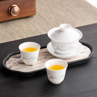 功夫茶具白瓷三才悬停盖碗家用茶杯一壶两杯带茶盘陶瓷品茗茶具