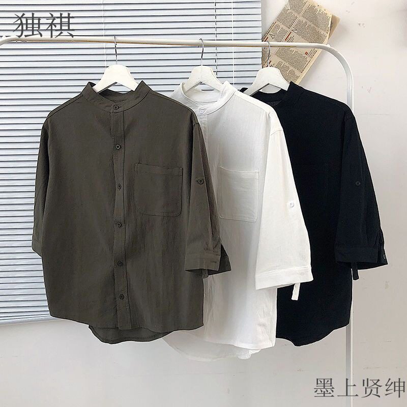 男士亚麻七分衬衫夏天麻布青年夏装宽松休闲棉麻料衬衣男装上