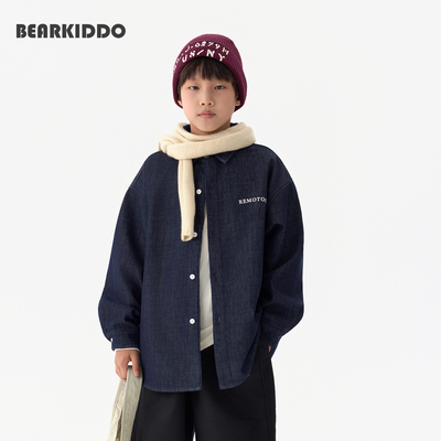 秋冬新款男童加绒牛仔外套日系儿童加厚衬衣中大童柔软宽松上衣潮