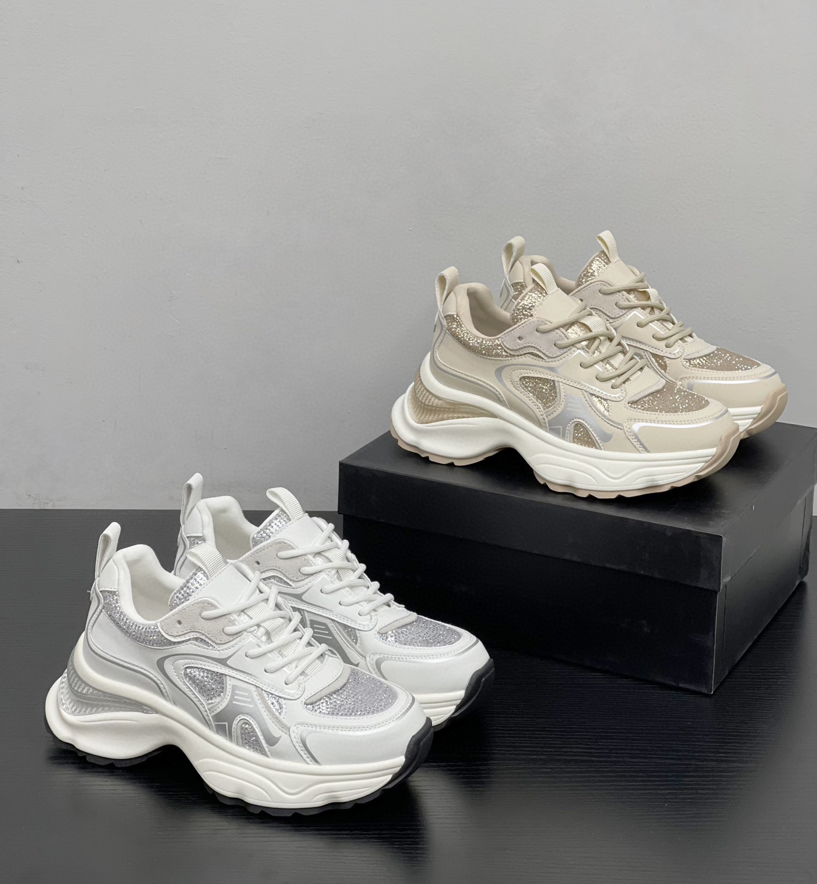 外贸纯原2024秋季新款真皮网面厚底增高老爹鞋轻便软底休闲女鞋