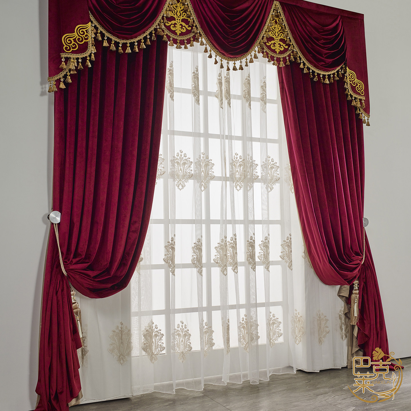 欧式绒布窗帘酒红色遮光客厅卧室定制窗帘复古式丝绒奢华金色花边