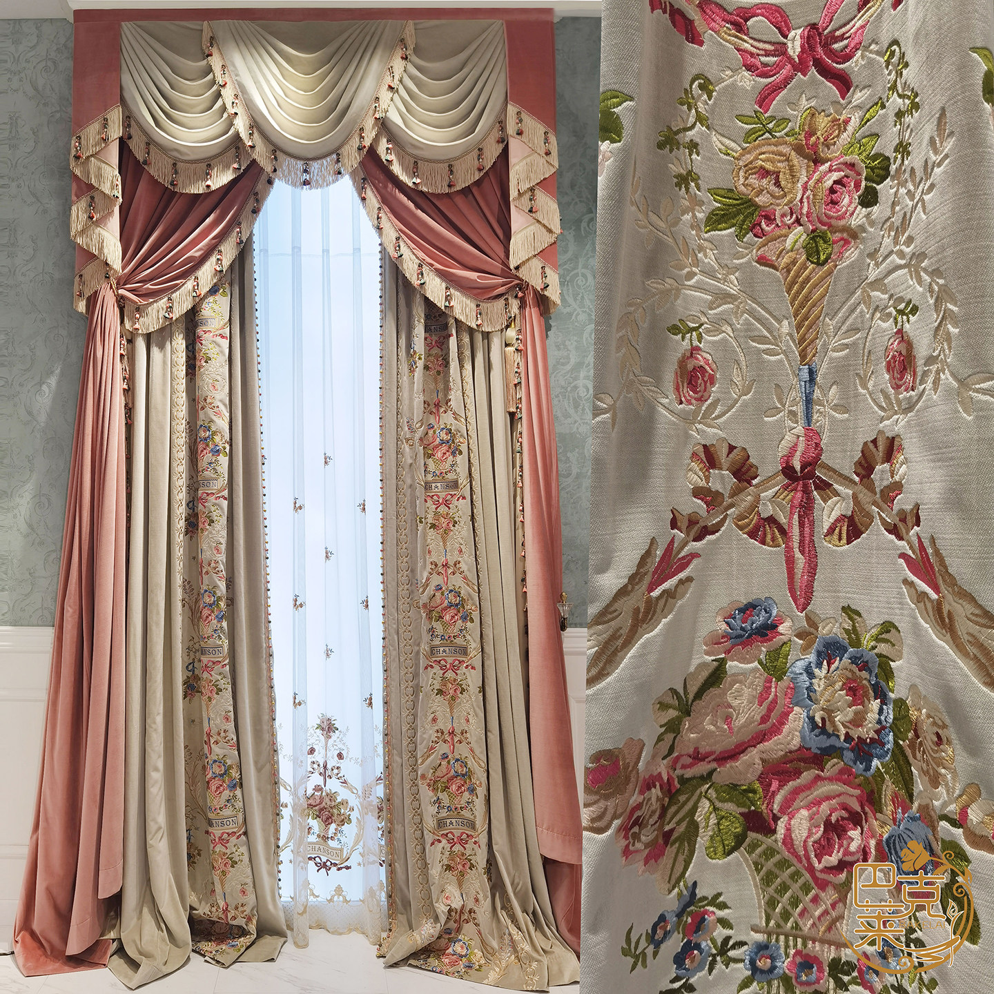 美式法式窗帘客厅刺绣洛可可欧式大花别墅宫廷遮光高级新款帘头绒