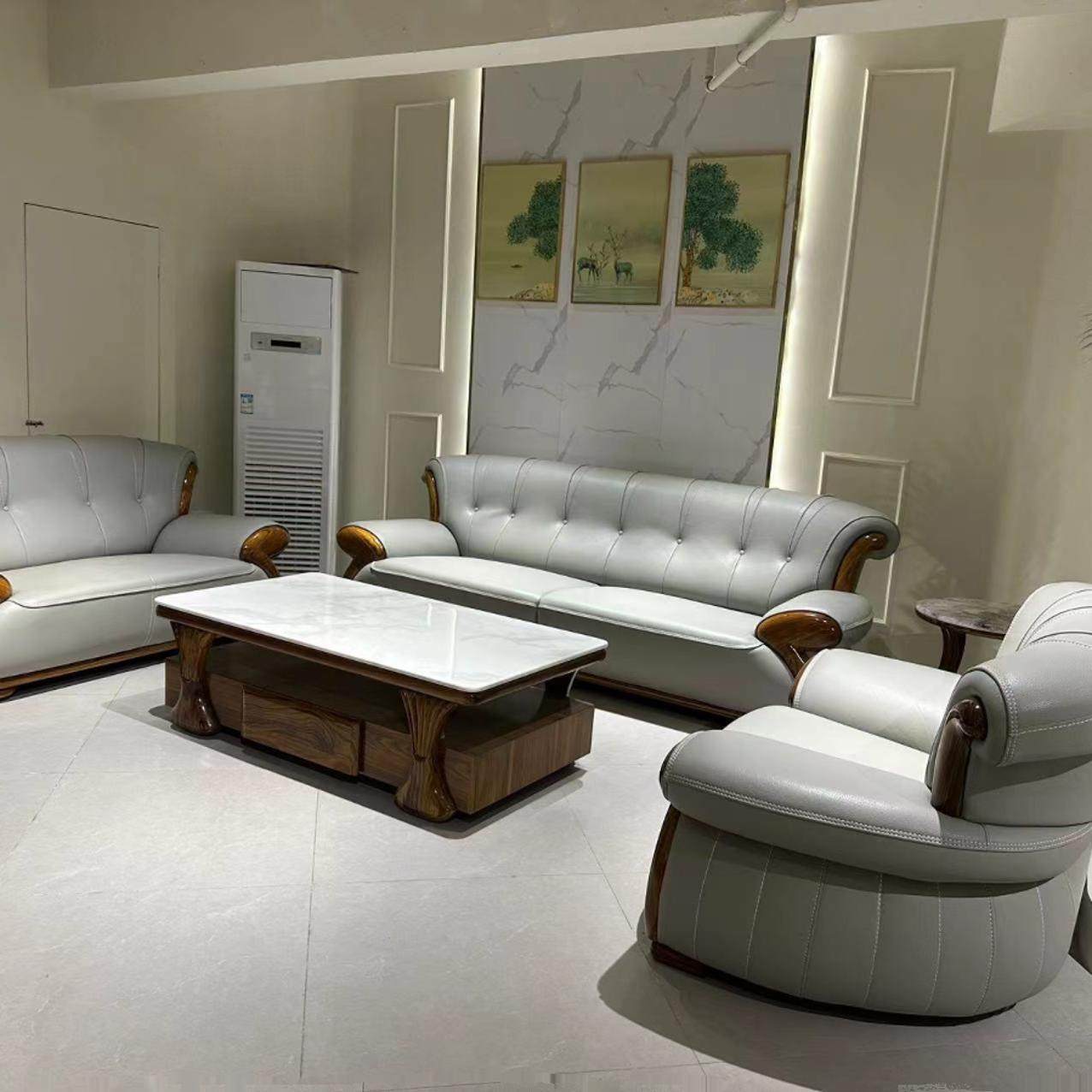 乌金木牛皮沙发皮艺简约时尚新中式别墅124组合客厅家具