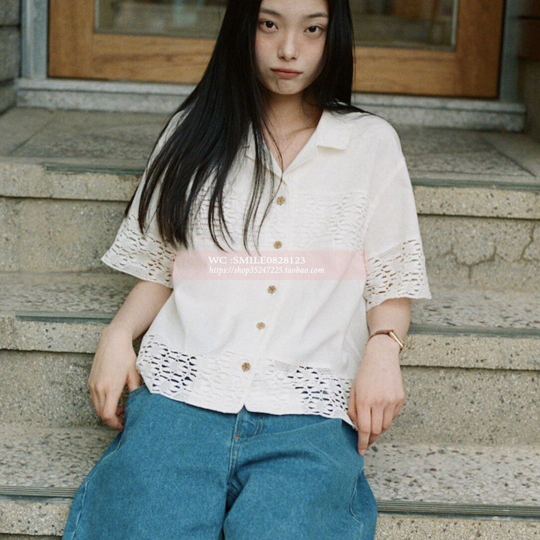 【VOVOSHOP】FRITUR 25SS 韩国代购 钩针编织亚麻布短袖衬衫