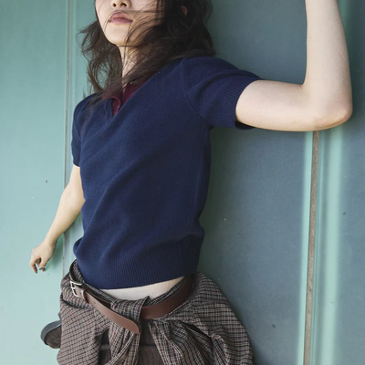 【kuho plus】2025早秋 韩国代购 撞色针织短袖衫VOVOSHOP