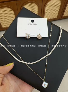 轻奢小众双层叠戴珍珠项链女高级设计感方块吊坠锁骨链网红颈