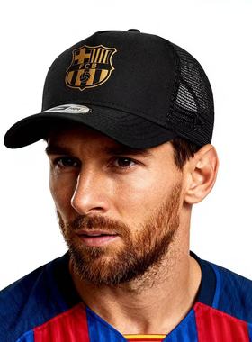 New Era联名FCB巴塞罗那足球黑色高冠卡车网帽金色队标街头男女帽