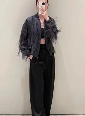 意奢BC重磅双层真丝欧根纱重工驼鸟毛流苏透视轻盈防晒夹克外套