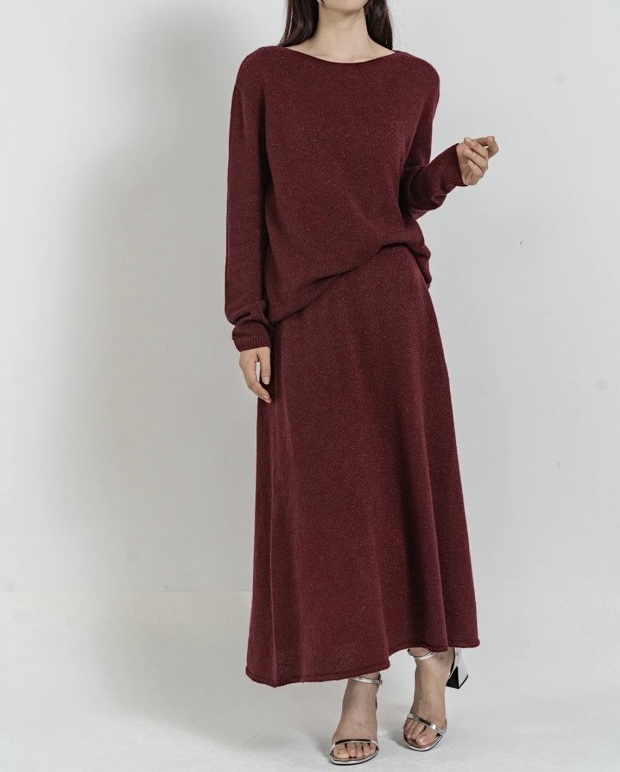 意奢 元康赛妮金丝羊绒宽松针织衫松紧腰半身裙纯羊绒套装