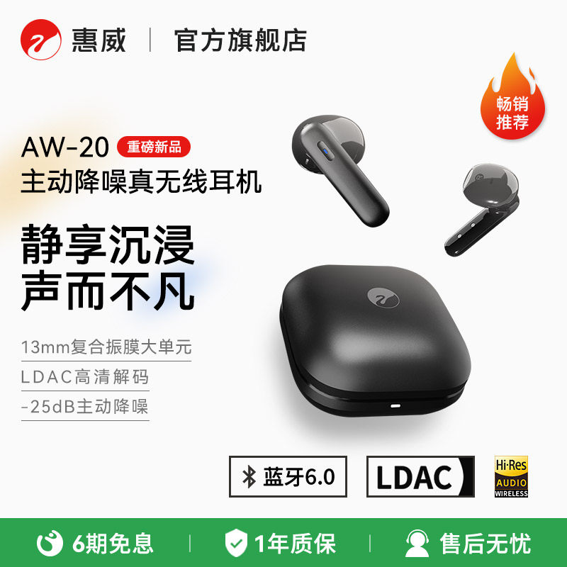 HiVi惠威AW-20真无线降噪耳机蓝牙6.0半入耳式耳机长续航运动跑步