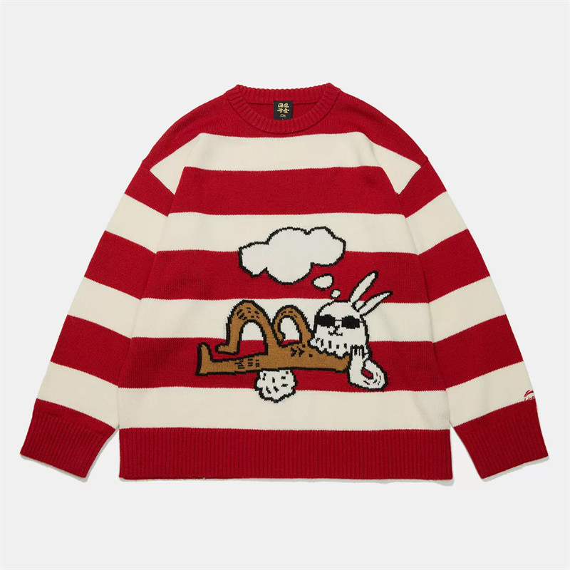 LI NING 스웨터 RI JIN DOU 황금 토끼 년 남성 및 여성 풀오버 긴 소매 니트 스웨터 라운드 넥 봄 스포츠 AMBT009