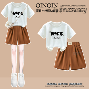 女童夏季套装2025新款中大童圆领短袖T恤学生夏装运动短裤两件套