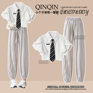 女童夏季套装2025新款学院衬衫短袖T恤中大童速干防蚊裤子两件套