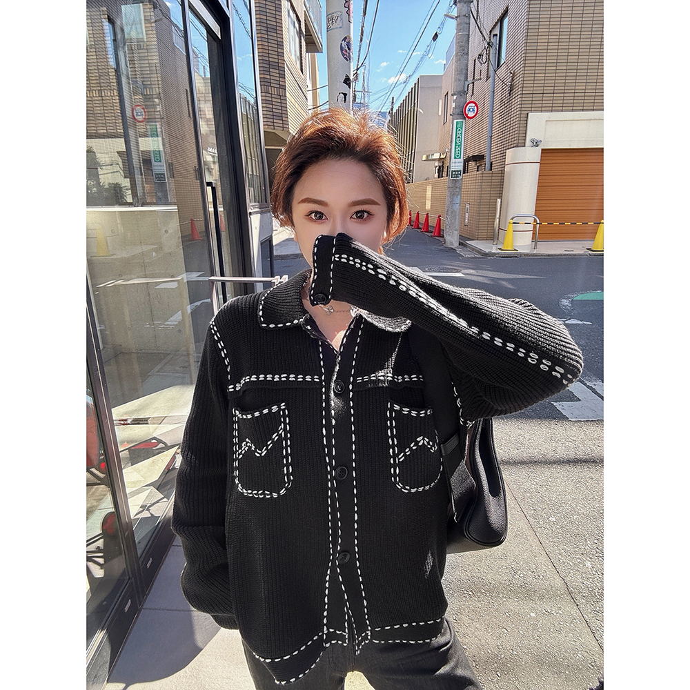 LANGBOOM   手工织艺 立体线条感黑色设计感针织衫毛衣开衫外套