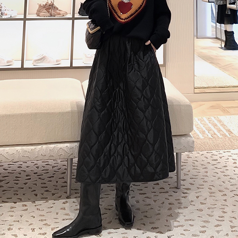 绗缝菱格百搭松紧腰半身裙长裙