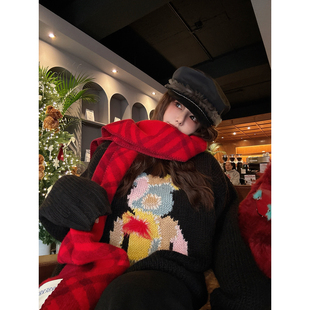 LANGBOOM  匠人手工 油画色块拼色小熊氛围感黑色套头毛衣